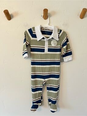 NWT Milkberry Boys Rugby Stripe Collared Coverall Bamboo Sz 6-9M Pajamas